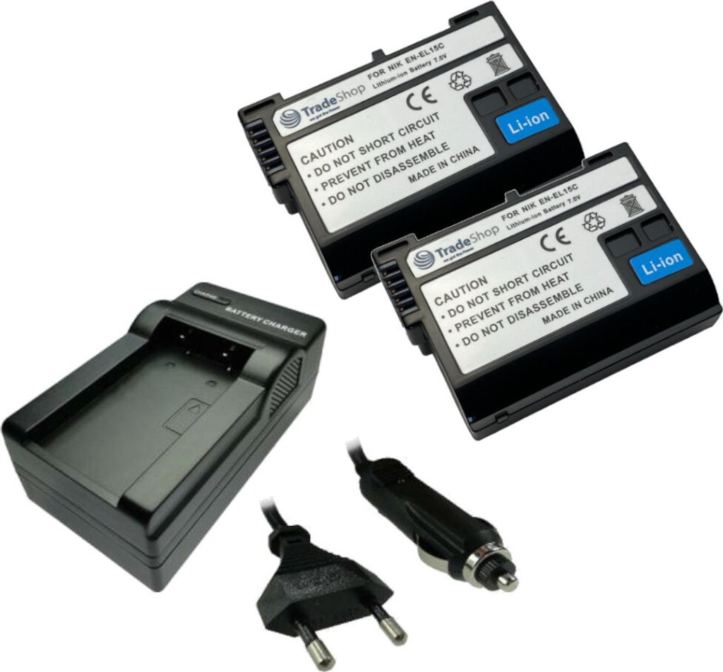 Trade-Shop 3in1 Set: 2x Li-Ion Akku 2400mAh + Ladegerät kompatibel mit Nikon D500 D600 D610 D750 D850 D7000 D7100 D7200 D7500 D800 D800E D810 D810A