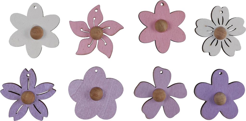 Holzblumen Hängedeko 4,5cm Lila Rosa Weiß 24 Stk Deko Blumen, 24 Stück