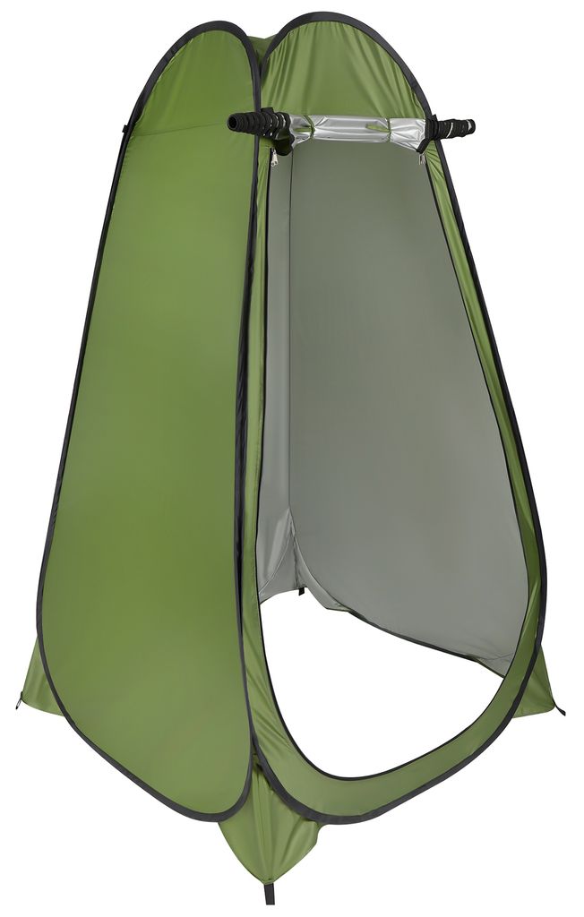 A green pop-up tent, likely for changing clothes or showering, shown from the front with the opening facing the viewer.