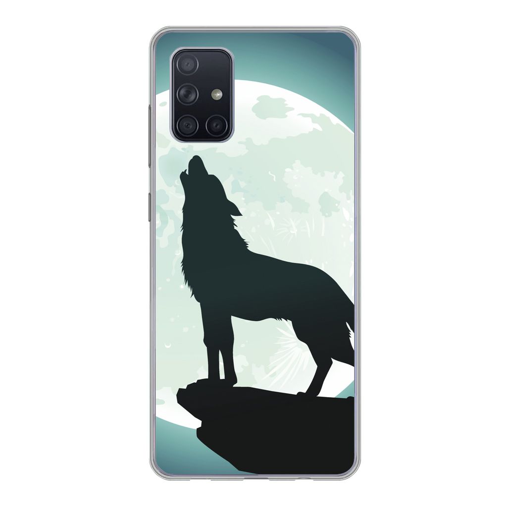 MuchoWow Handyhülle Schutzhülle Hülle für Samsung Galaxy A51 Wolf - Mond - Stein Silikon Softcase Handy Hülle - Schutzabdeckung