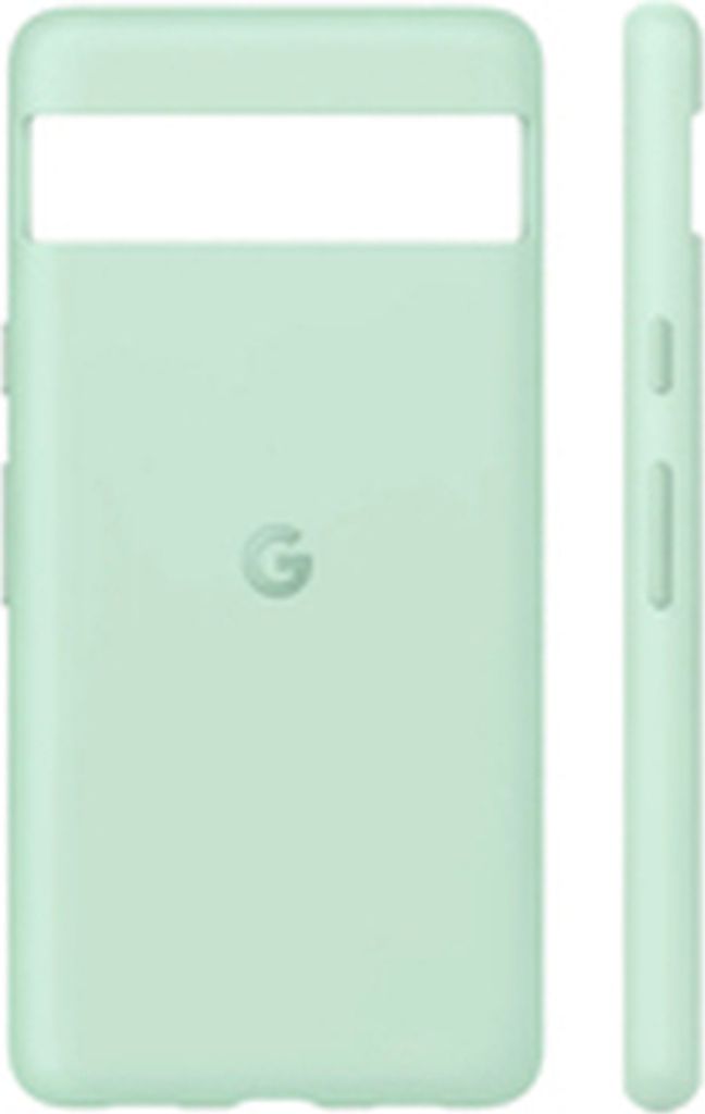 A light green Google Pixel 7a back cover is shown from the front and side.