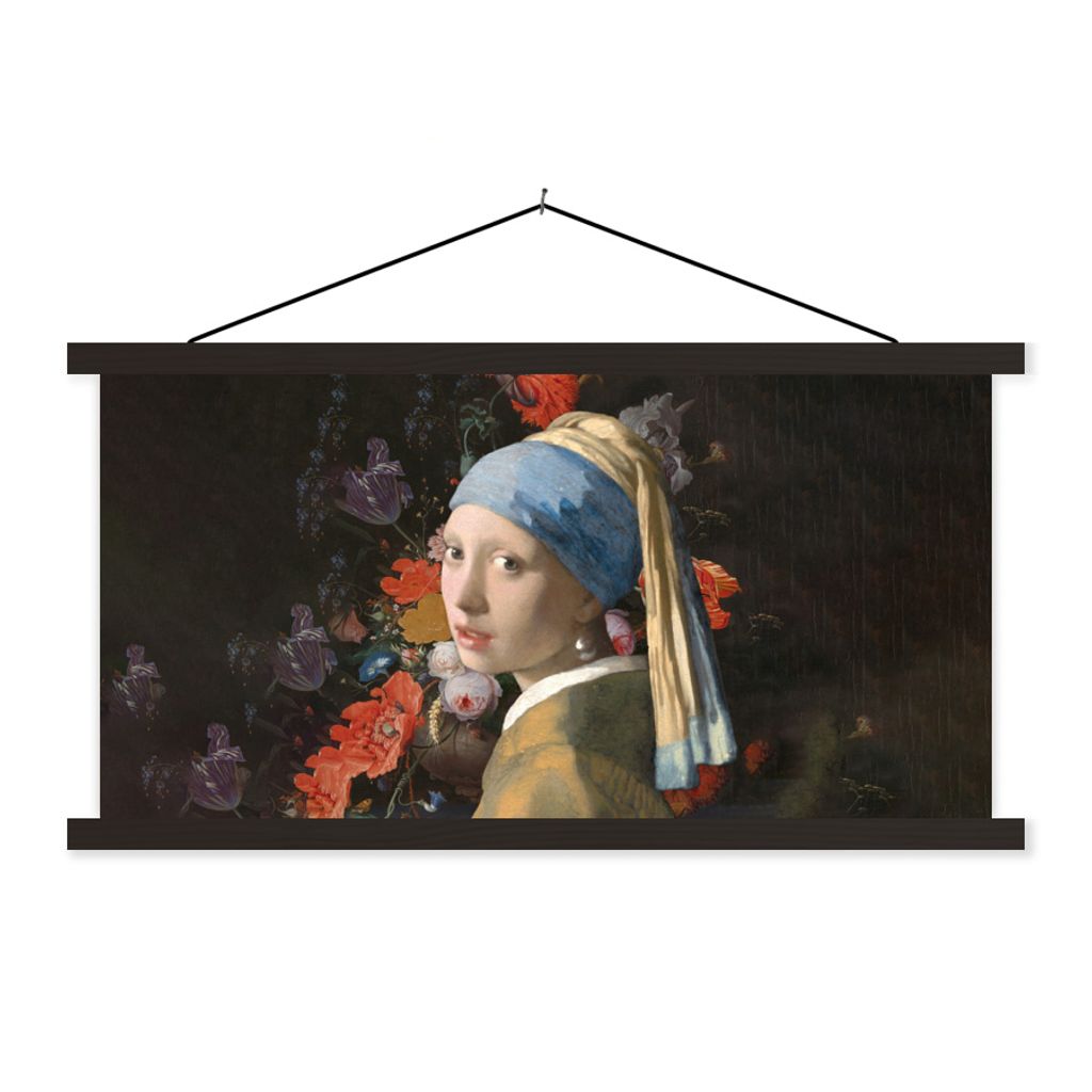MuchoWow Textilposter Mädchen mit Perlenohrring - Blumen - Alte Meister 90x45 cm mit schwarzem Rahmen - Klemmleisten