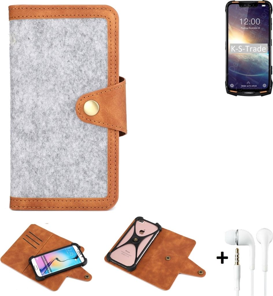 K-S-Trade Handyhülle + Kopfhörer kompatibel mit Doogee S90 Pro Schutzhülle Filz Hülle Kunstleder hellgrau braun (1x)