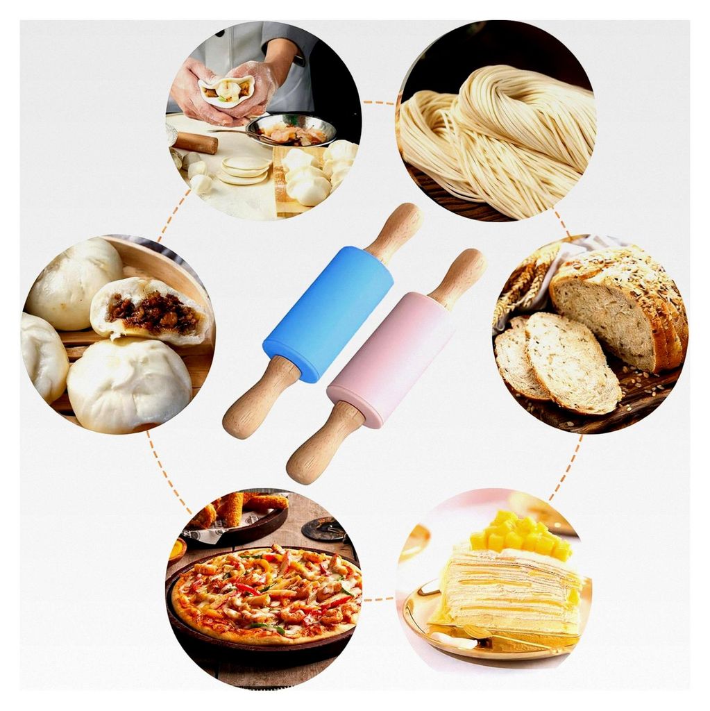 2 Stück Silikon-Teigroller mit Holzgriff, Antihaft-Nudelholz für Kuchen, Pizza, Fondant und Kekse (Blau + Rosa)