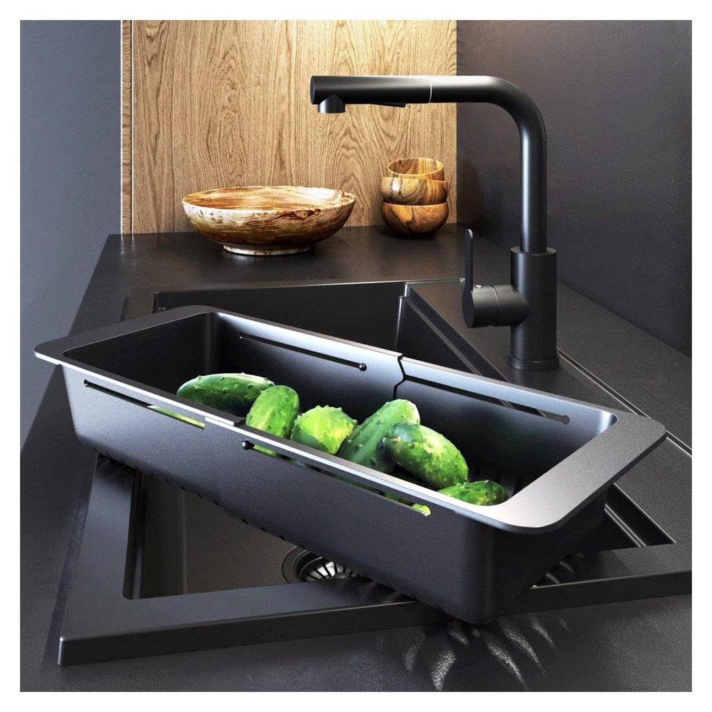 Sieb für Spülbecken für Obst und Gemüse - Stabiler verstellbarer Siebkorb 32-46 cm - Abtropfsieb aus Kunststoff - Waschbeckensieb Küche - Schwarz