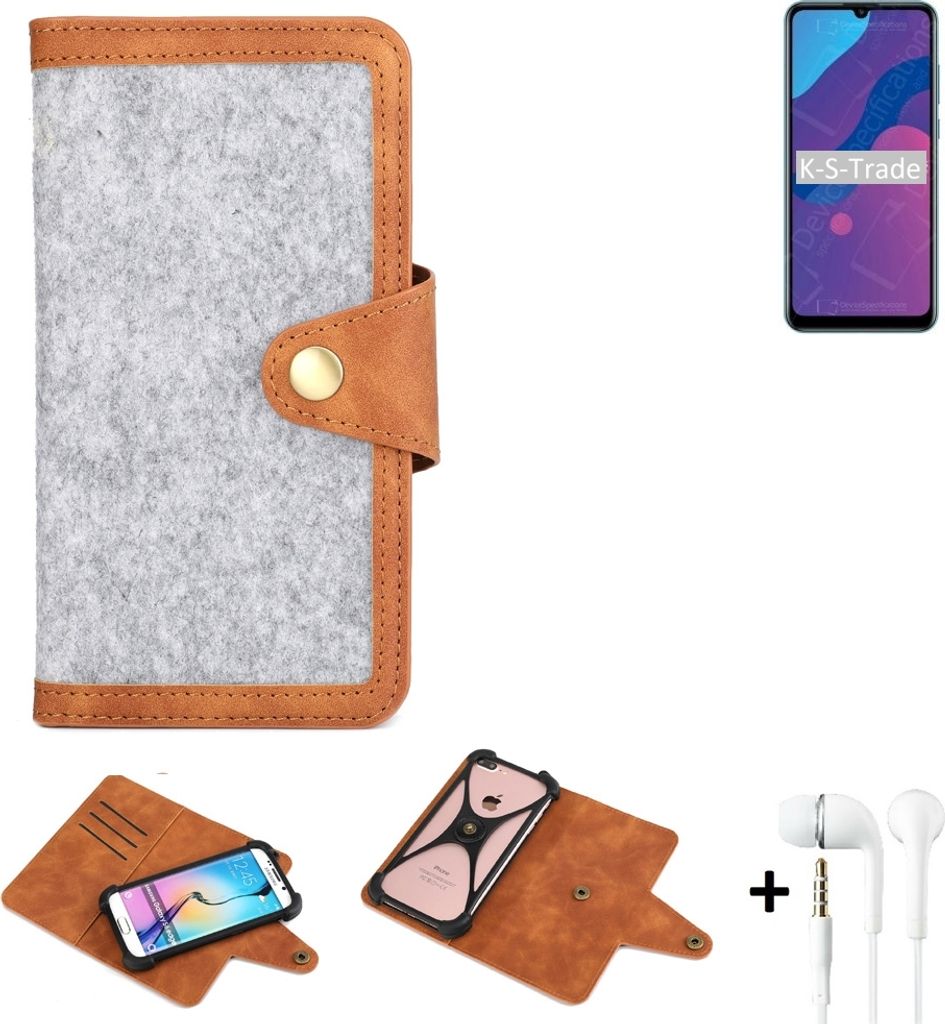 K-S-Trade Handyhülle + Kopfhörer kompatibel mit Huawei Honor Play 9A Schutzhülle Filz Hülle Kunstleder hellgrau braun (1x)