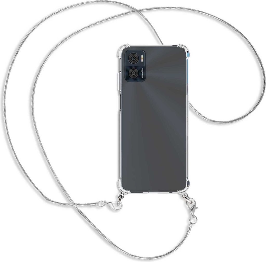 Handykette Backcover-Schutzhülle mit Band (Metall silberfarben) für Motorola Moto E22, Moto E22i 4G - silberfarbene Snake-Kette