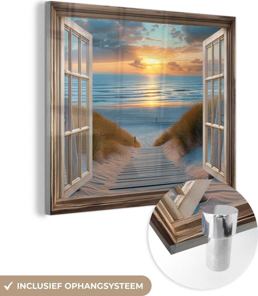 MuchoWow Glasbilder - Bilder auf Wandbild - Foto auf Glas Durchblick - Strand - Weg - Sonnenuntergang 40x40 cm Wanddekoration aus Glas - Acrylglasb...