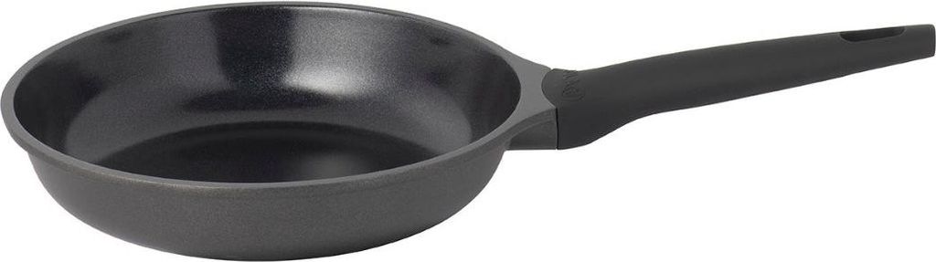 A black frying pan with a black handle is shown against a white background.