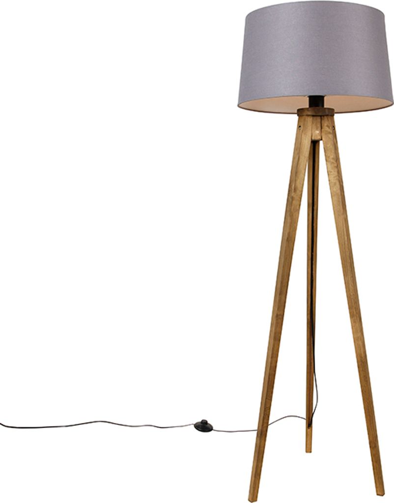 QAZQA - Landhaus I Vintage Ländliches Stativ Vintage Holz mit Leinenschirm dunkelgrau 45 cm - Tripod I Dreifuß Lampe I Dreifuss Classic I Wohnzim...