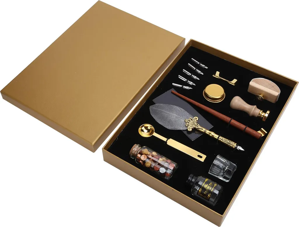 Kit Écriture Plume d'Oie Grise et Tampon de Cire pour Sceau Vintage