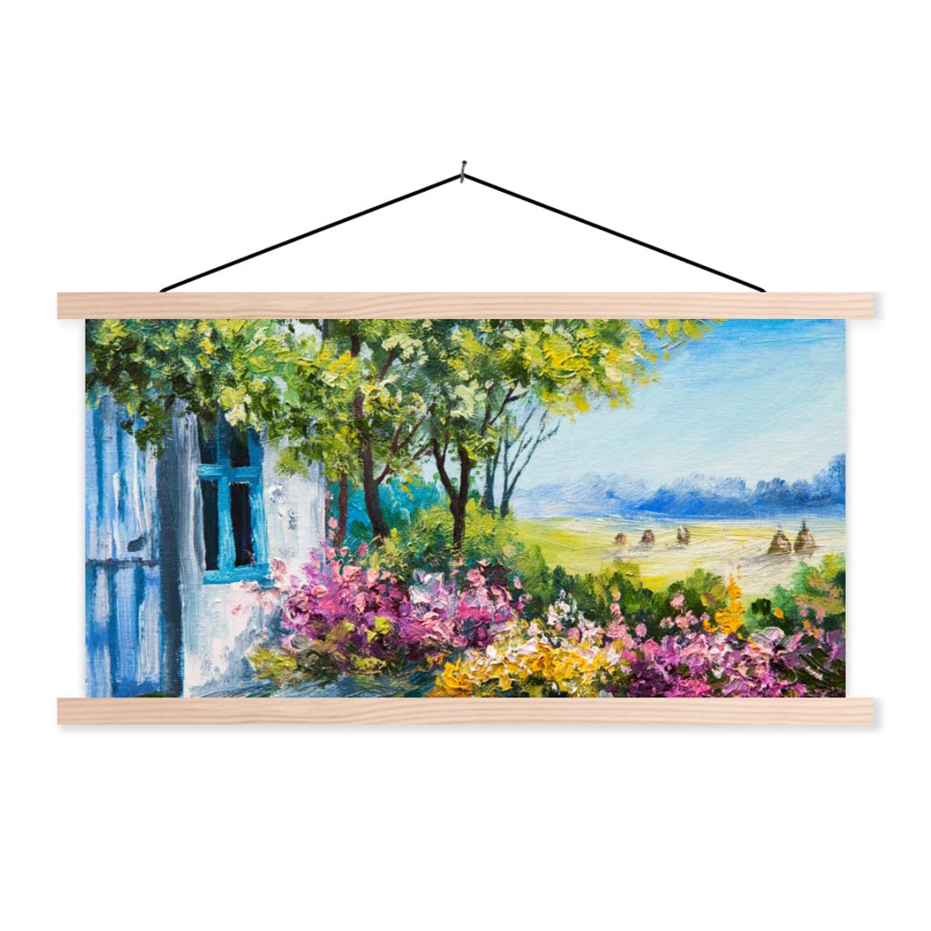 MuchoWow Textilposter Malerei - Pflanzen - Blumen - Haus - Öl 60x30 cm mit holzfarbenen Rahmen - Dekoration