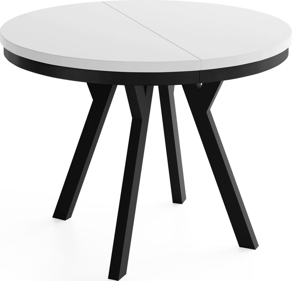 Runder Ausziehbarer Esstisch im Loft-Stil – Verlängerbarer Tisch mit Schwarzen Holzbeinen & Metallring – Platzsparender Esstisch für Wohnzimm...