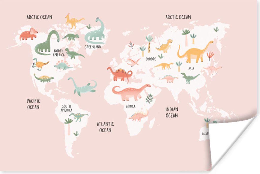 MuchoWow Poster Weltkarte - Kinder - Dinosaurier 180x120 cm - Fotoplakat