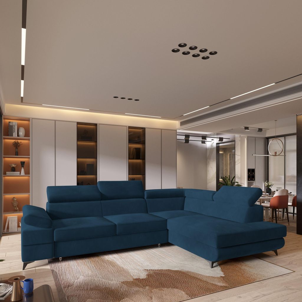 Masseno Ecksofa FAVIEN R-S mit Schlaffunktion L-Form, Sofa mit Bettkasten, Wohnzimmersofa, Couch, Soffa, Bettsofa, Couchgarnitur- Blau, MONOLITH 77