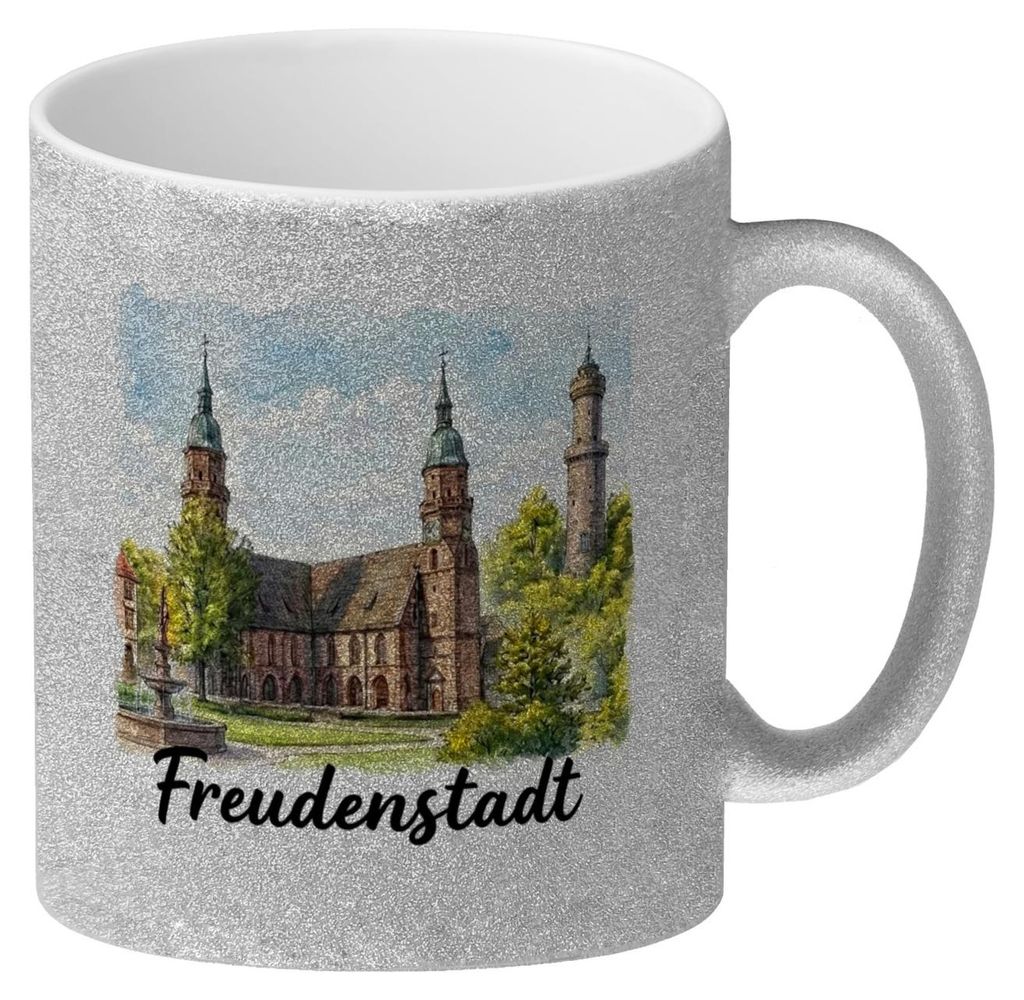 Freudenstadt Kirche Glitzer-Kaffeebecher Aquarell mit Schriftzug