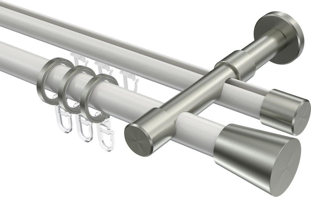 Interdeco Rundrohr-Innenlaufstange / Gardinenstange (Kombination) Weiß / Edelstahl-Optik, Typ Prestige Sitra (Konus), 20 mm Ø 2-läufig, 120 cm