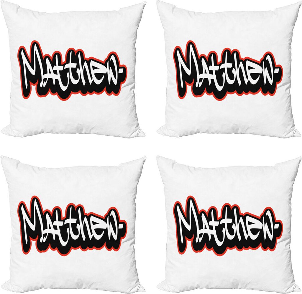 ABAKUHAUS Matthew Kissenbezug Set (4 Stück), Hip-Hop-Street Art-Name, Moderner Doppelseitiger Digitaldruck, 40 cm x 40 cm, Vermilion Weiß