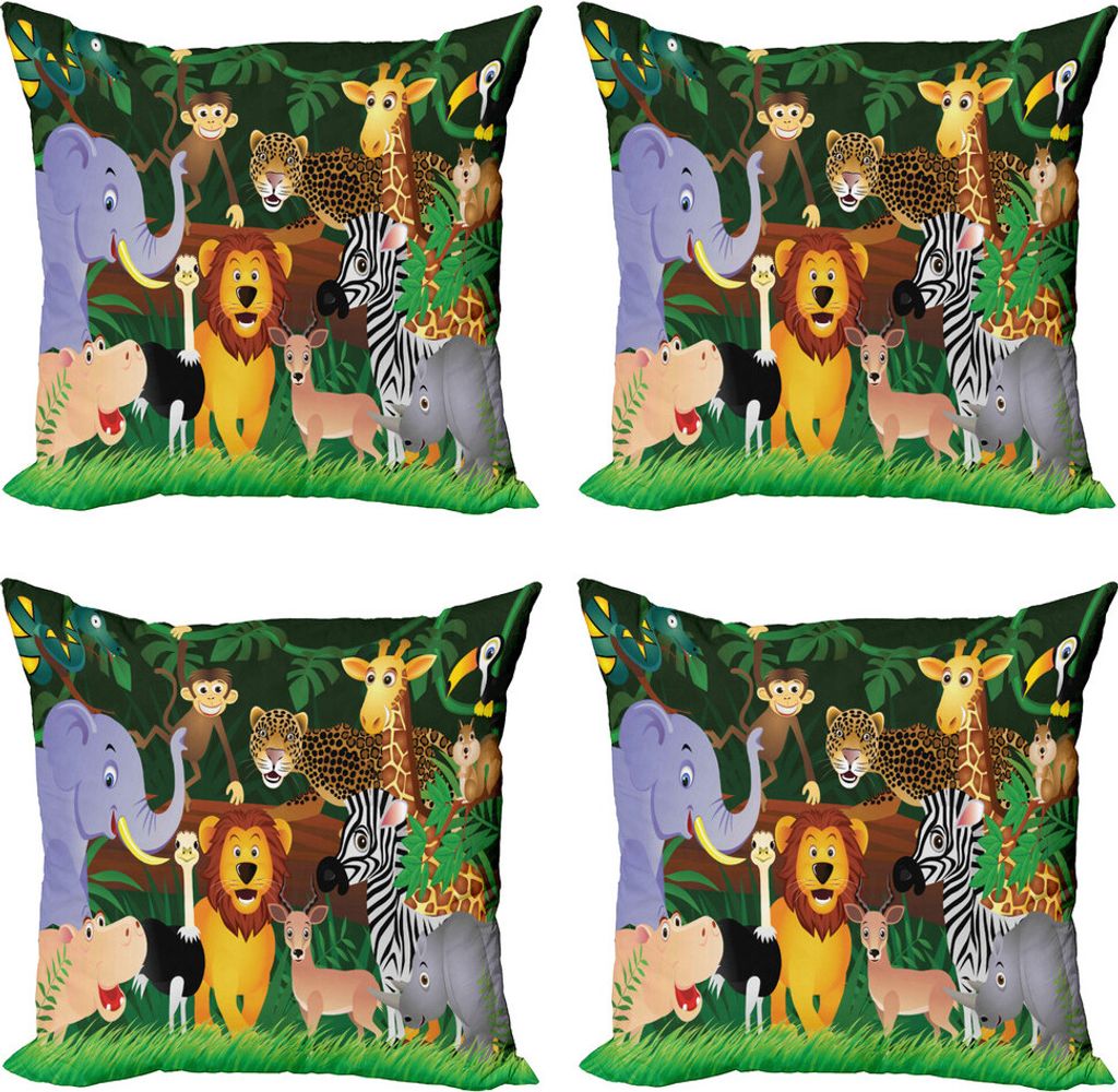 ABAKUHAUS Zoo Kissenbezug Set (4 Stück), Exotische Dschungel Fröhlich Fun, Moderner Doppelseitiger Digitaldruck, 45 cm x 45 cm, Mehrfarbig