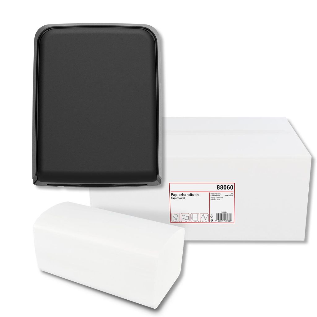 HyPaFol Handtuchpapierspender, Maxi, für V-Falz, schwarz matt mit Papierhandtuch, V-Falz, 2-lagig, recycling weiß, 24 x 21 cm, 4.000 Blatt