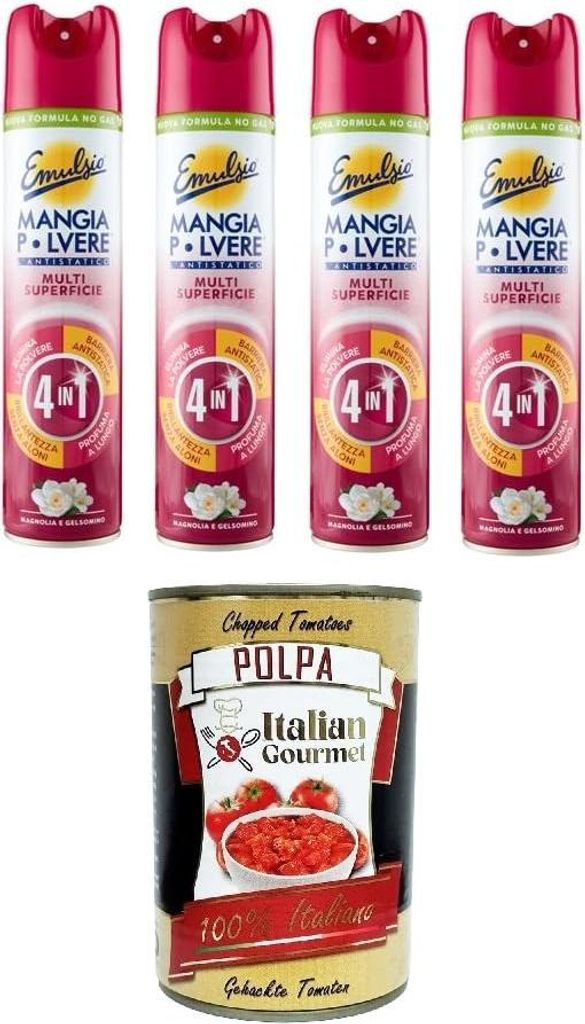 Emulsio Mangia Pulver, das Multi-Surface-Antistatikum 4 in 1, Magnolie und Jasmin, 4x300 ml+ Italian Gourmet polpa 400g