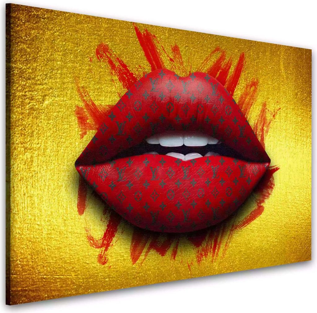 Rote Lippen mit modernem Muster auf goldenem Hintergrund Wandbild XL Wanddeko: 120x80x2cm