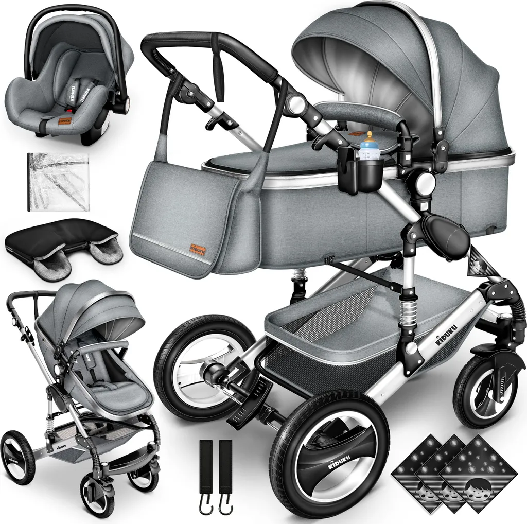 Poussette Trio Combinée Modulable avec Cosi et Châssis Pliable Argenté