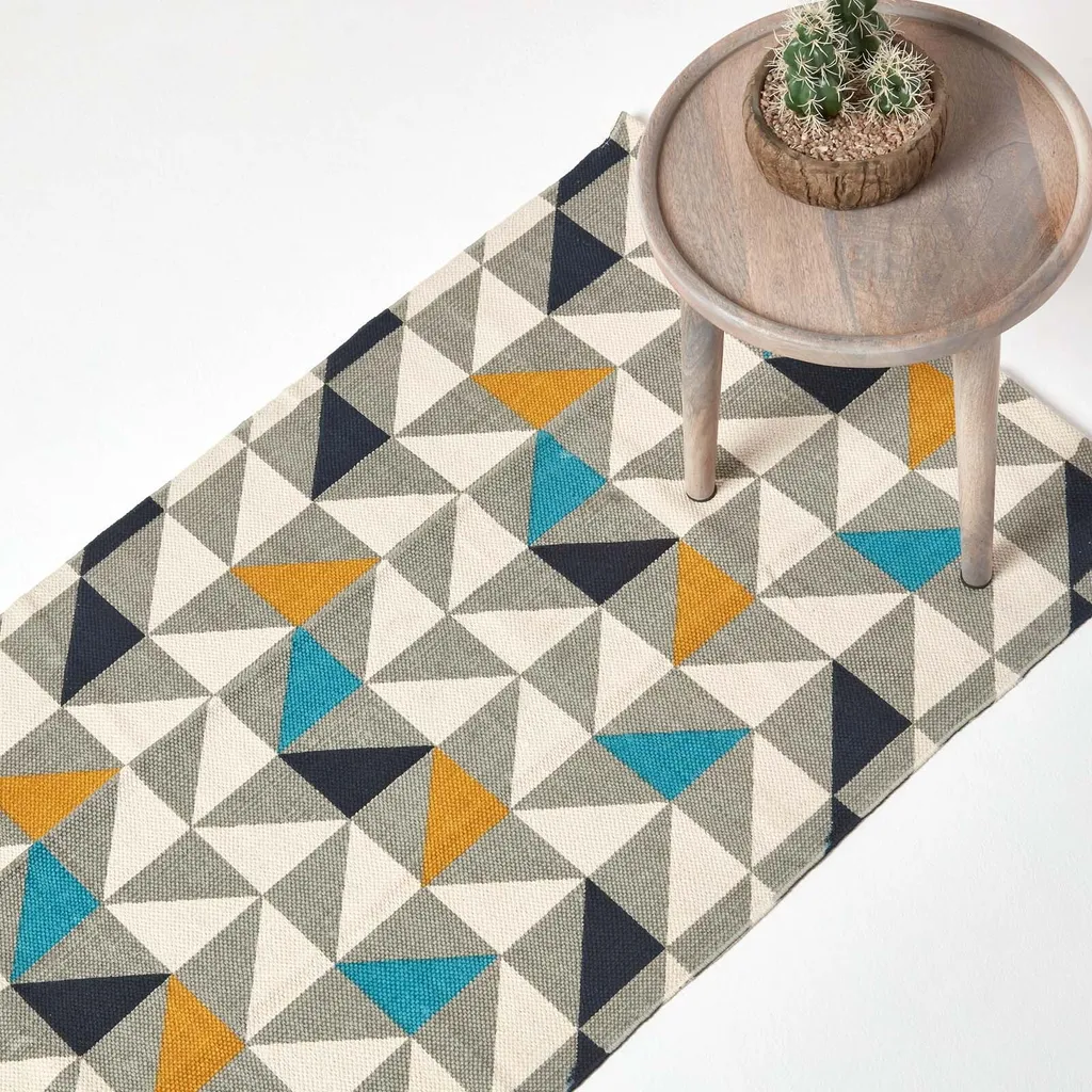 Homescapes Tapis Copenhagen en Coton Scandi Bleu Jaune Gris 66x200 cm