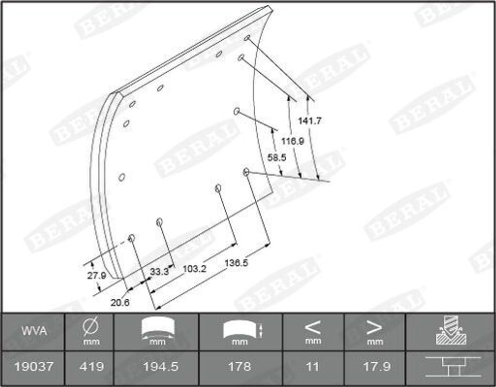 BERAL Bremsbelagsatz Trommelbremse KBL19036.0-1560 Hinten 178mm 8,8kg