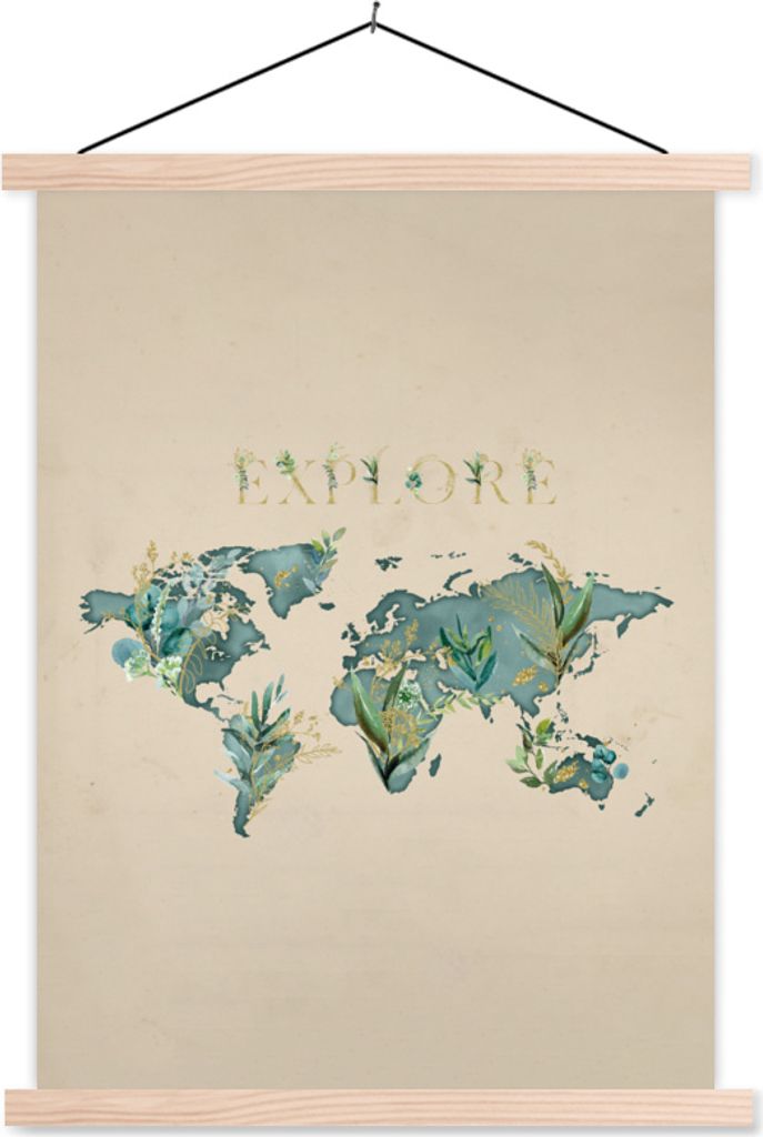 MuchoWow Textilposter Weltkarte - Türkis - Pflanzen 60x80 cm mit holzfarbenen Rahmen - Wandbild