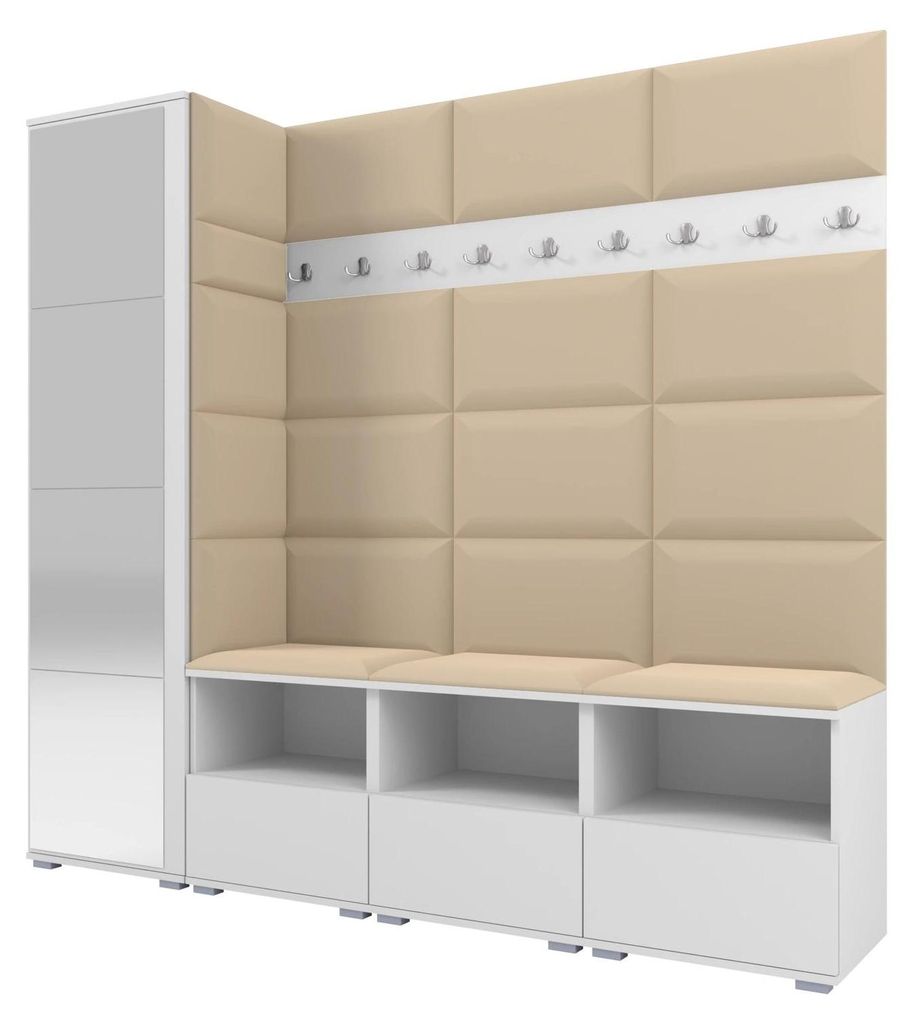 Garderobe NELA IX 200 cm Modulare Flurmöbel Weiß mit Spiegel & Sitzpolster Beige 04 (Breite Sitzbank)