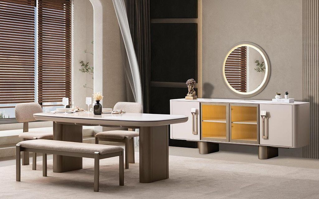 Modernes Esszimmer Set mit Tisch 4 Stühlen Bank Sideboard und Spiegel
