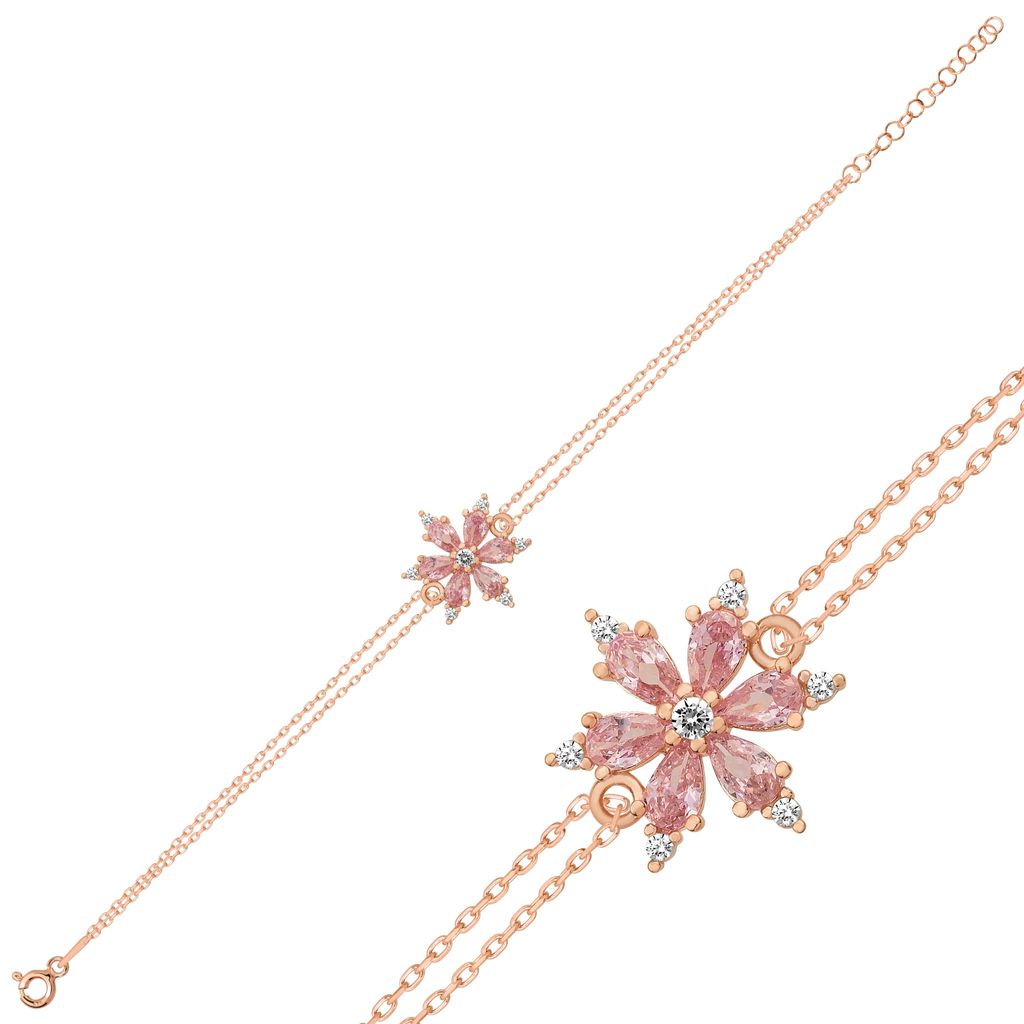 Edles 925 Silber Armband Rosegold – Elegantes Damen Armband mit rosa Blüten-Zirkonia