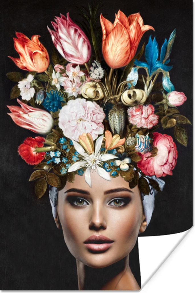 MuchoWow Poster Frau - Bunt - Blumen 20x30 cm - Papierdruck
