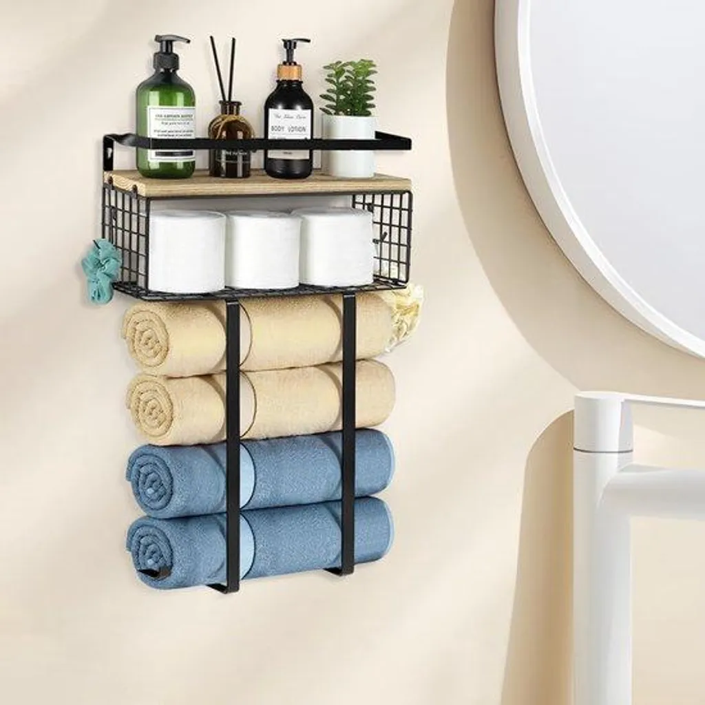 Porte-serviettes mural en bois massif, support de rangement 50cm durable