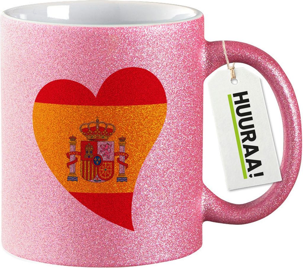 Huuraa Glitzertasse Spanien Flagge Herz 330ml Pink Keramik Kaffeebecher Geschenkidee