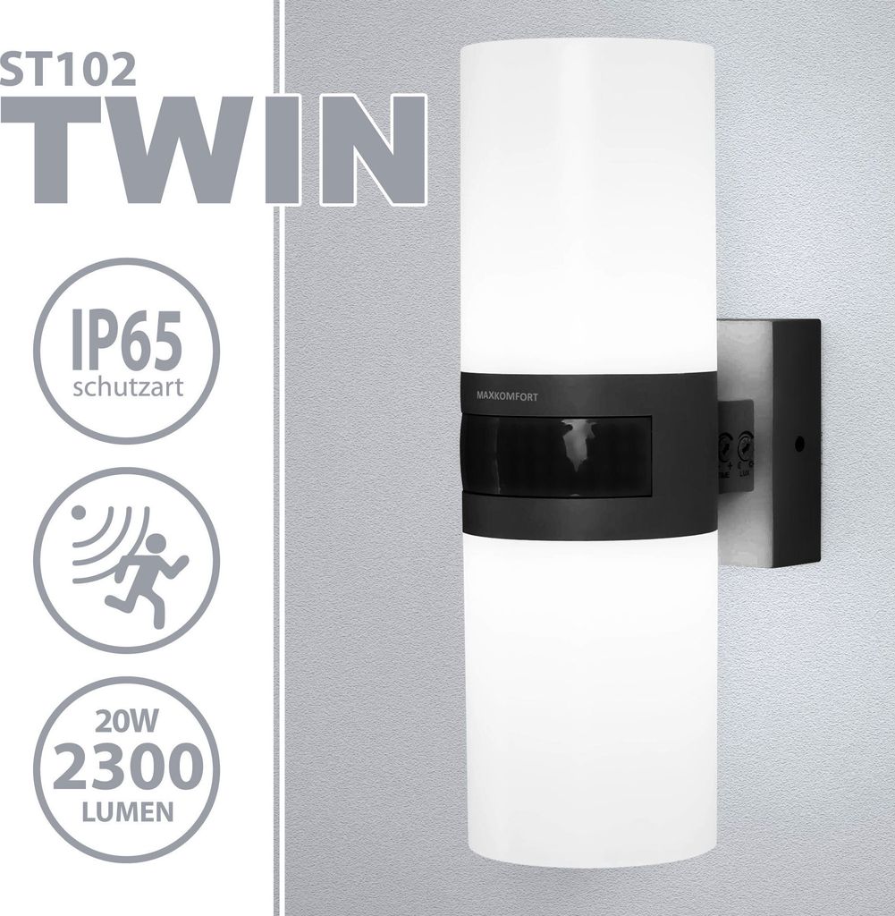 LED Außenwandleuchte ST102A1 TWIN-BK: Schwarzes Design, IP65, Bewegungsmelder, 2 x 10W