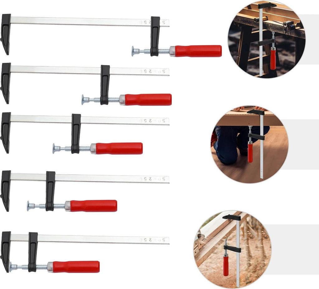 F-Schraubzwingen - Schraubzwingen Set - 5 Stück - Spannweite 25 cm - Ausladung 5 cm - A3-Stahl & Eisen - Für Holzarbeiten - Rot/Silber/Schwarz