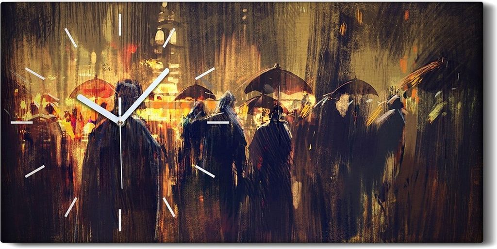 Wanduhr Leinwand Bild Uhr Quarz 60x30 Menschenmenge mit Regenschirmen Nacht - weiße Hände