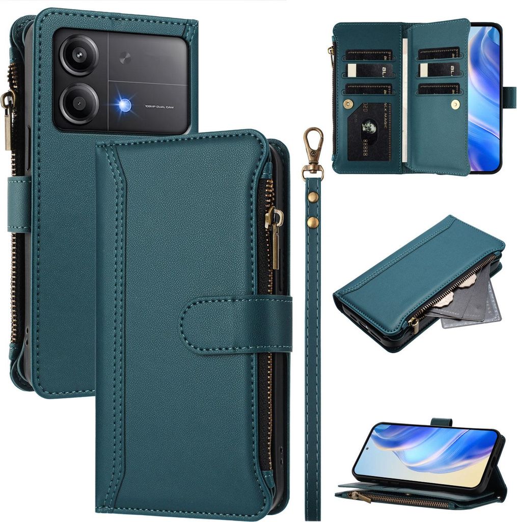 Handyhülle für Xiaomi Poco X6 Neo Reißverschluss Geldbörse Kunstleder Klapphülle mit Kartensteckplatz, Ständer, Handschlaufe Grün