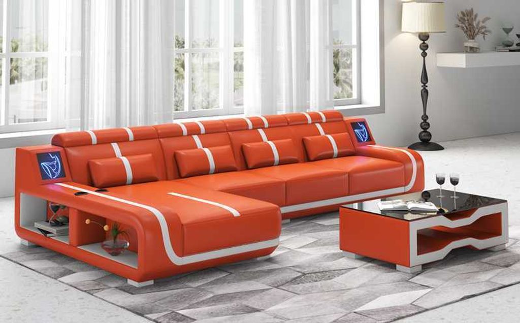 Design Ecksofa Couch L Form Liege Orange Ledersofa Sofas Couchen