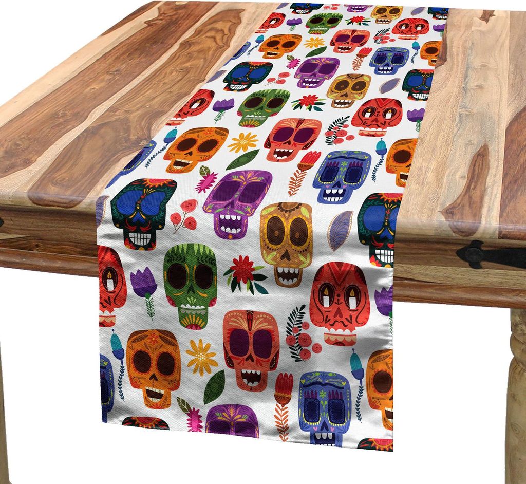 ABAKUHAUS Tag der Toten Tischläufer, African Tribal Artwork hölzerne Scary Maske mit Cartoon lustige Details drucken, 40 x 300 cm, Mehrfarbig