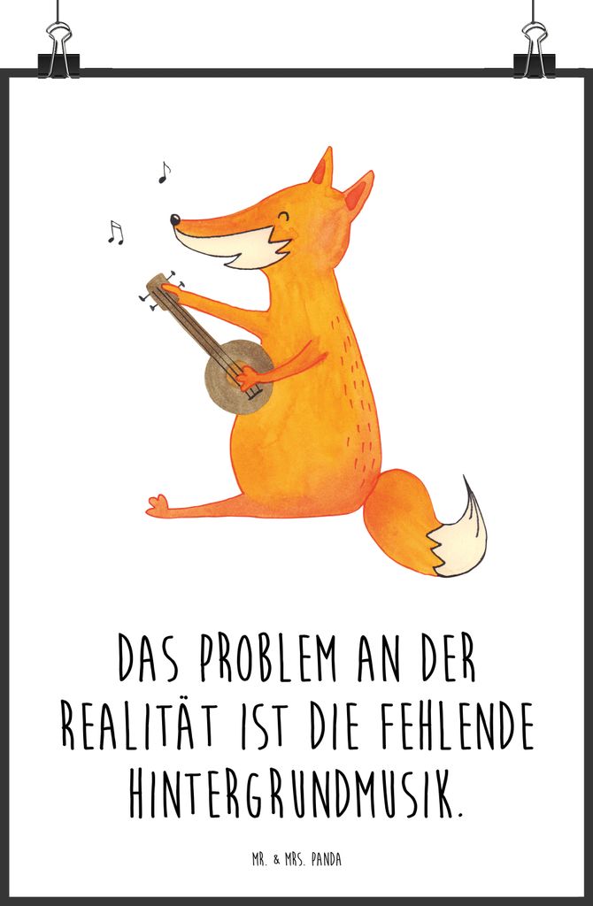Mr. & Mrs. Panda Bild Fuchs Gitarre DIN A1 - Weiß - Geschenk, Singen, Trällern, Wanddekoration, Wandbild, Musik, Lagerfeuer, Sänger, drucke, Dek...
