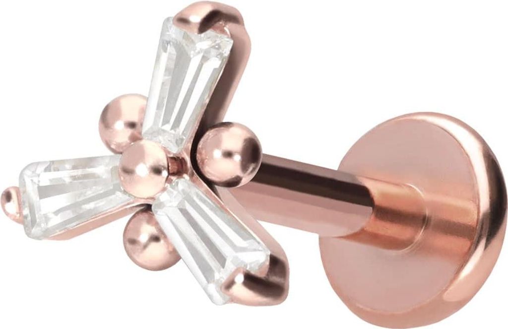 Ohrpiercing, Nasenpiercing Titan Labret mit Push Fit KRISTALLBLUME RoséGold Stablänge: 9mm | Stabstärke: 1,2mm