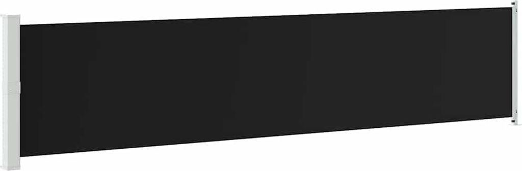 A black retractable side awning mounted on white posts.