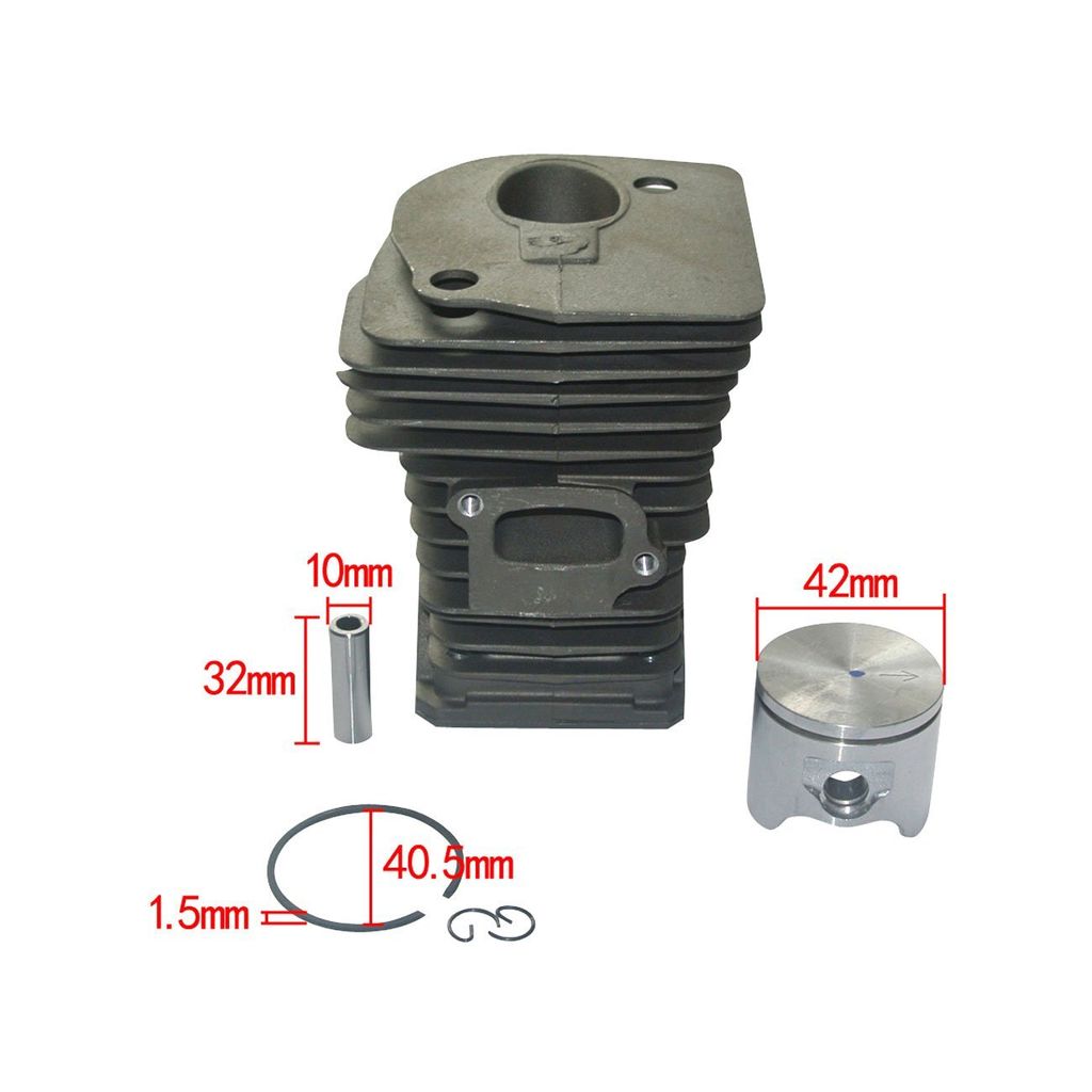 A set of chainsaw cylinder, piston, and gasket parts with measurements indicated.