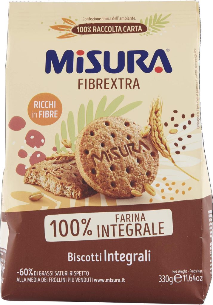 6x Misura Fibrextra Biscotti Integrali Vollkornkekse Kekse Biscuits 100% Vollkornmehl aus der italienischen Lieferkette 330g