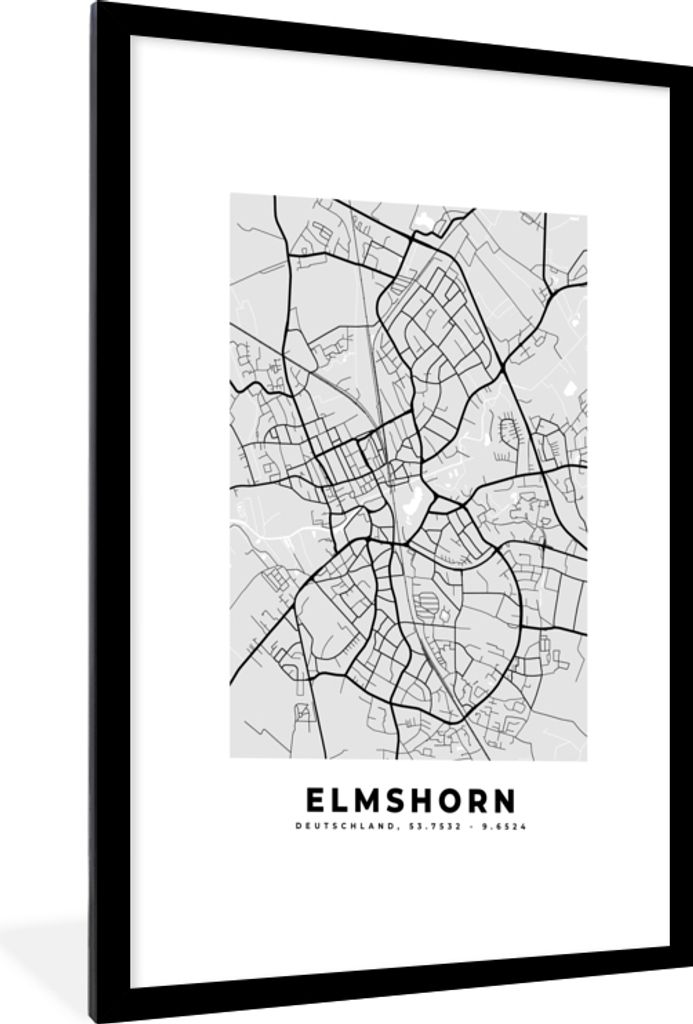 MuchoWow Gerahmtes Poster Deutschland - Stadtplan - Elmshorn - Karte 60x90 cm - Poster mit Schwarzem Bilderrahmen Wandposter Rahmen Foto Bilder -...