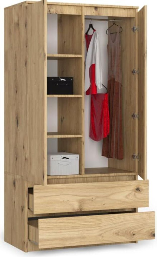 BDW, Kleiderschrank 2 Türen, 2 Schubladen, 180x90x51 cm, Garderobe, Eiche Artisan
