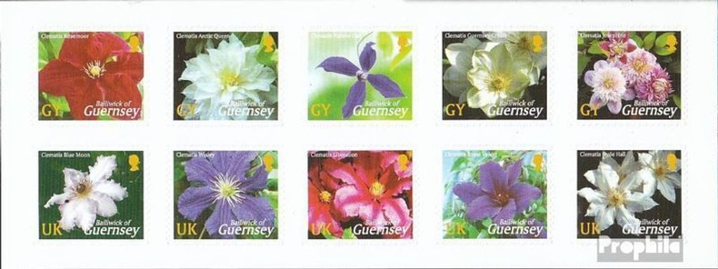 Briefmarken GB - Guernsey 2004 Mi 990-999 Folienblatt (kompl.Ausg.) postfrisch Klematis-Blüten